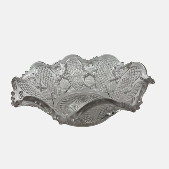 Vintage Clear Pressed Glass Bowl Scalloped Edges Textured Design Stars Sunburst - Picture 2 of 5